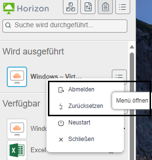 Melden Sie sich über das Menü „Öffnen“ in der Sidebar ab