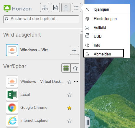 Symbolleistenschaltfläche „Abmelden“ in der Sidebar, wenn eine Verbindung mit einem Remote-Desktop oder einer veröffentlichten Anwendung hergestellt wird