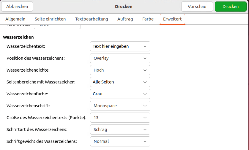 Wählen Sie die Registerkarte „Erweitert“ im Dialogfeld „Drucken“ aus, um die Wasserzeichenoptionen anzuzeigen.