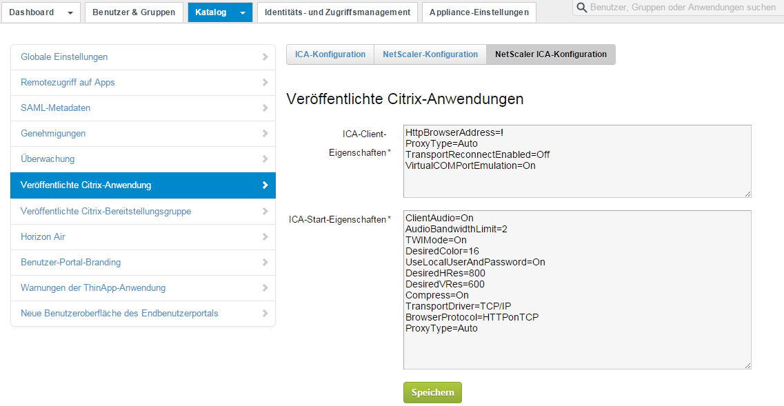 Registerkarte Netscaler ICA-Konfiguration