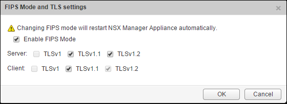 Warnmeldung informiert Sie darüber, dass durch das Ändern des FIPS-Modus die NSX Manager-Appliance automatisch neu gestartet wird.