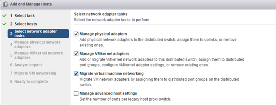 Wälen Sie die Netzwerkadapter-Seite mit Kontrollkästchen aus, um die physischen Adapter, VMkernel-Adapter und das Netzwerk virtueller Maschinen für die Migration auszuwählen.