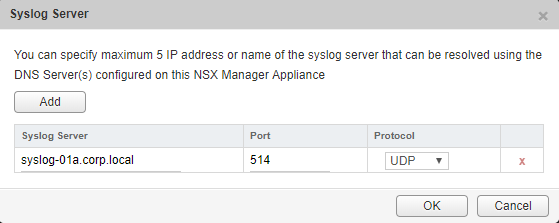 Syslog-Servereinstellungen. Das Standardprotokoll ist UDP mit dem Standardport 514.