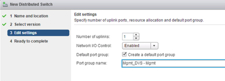 Seite „Einstellungen bearbeiten“, um die Anzahl der Uplink-Ports, die Ressourcenzuteilung und den Standardnamen der Portgruppe anzugeben.