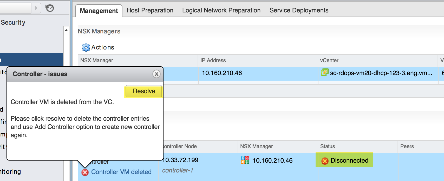 Problemdetails zeigen, dass die NSX Controller-VM aus dem vCenter Server gelöscht wurde.