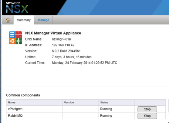 Übersichtsseite auf der Benutzeroberfläche der NSX Manager-Appliance zeigt den Status der RabbitMQ-Komponente an.