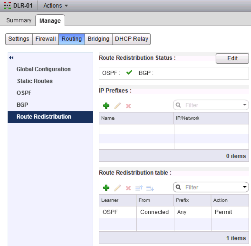 OSPF-Status ist grün mit IP-Präfixen auf „Alle“ und „Aktion als Berechtigung“ festgelegt.