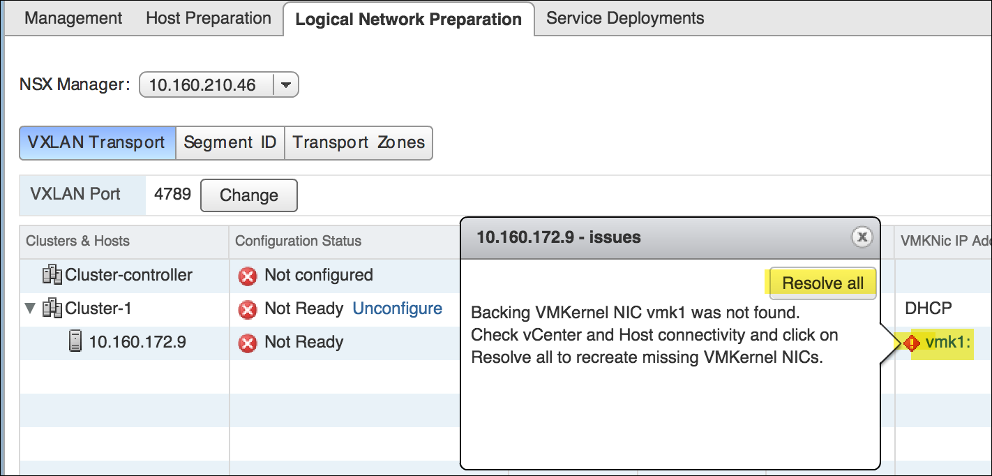 Problemdetails zeigen, dass die VMKernel-Netzwerkkarte vmk1 auf dem Host nicht gefunden wurde.