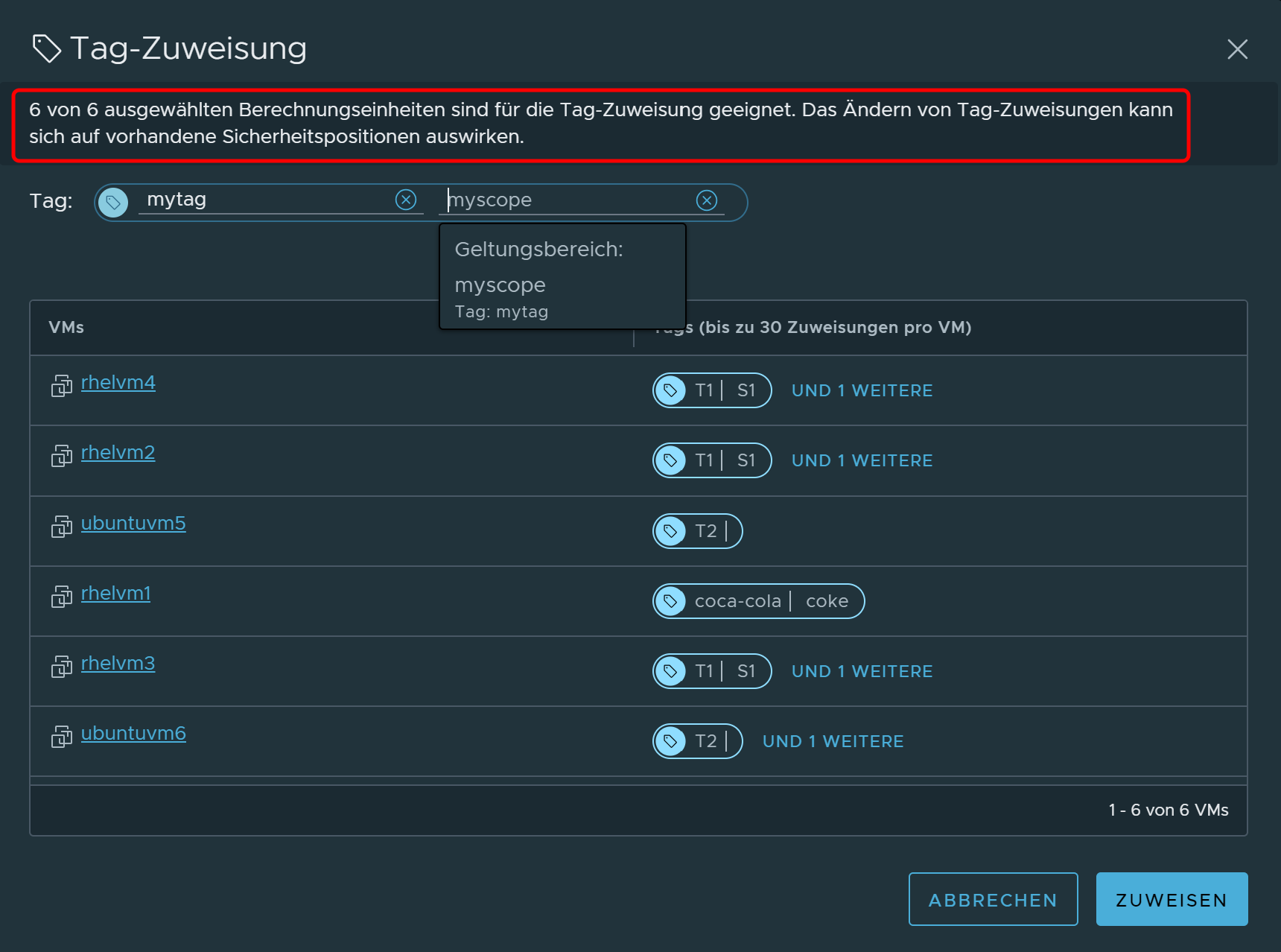 Tag Assignment dialog box listing the preselected VMs to be tagged.