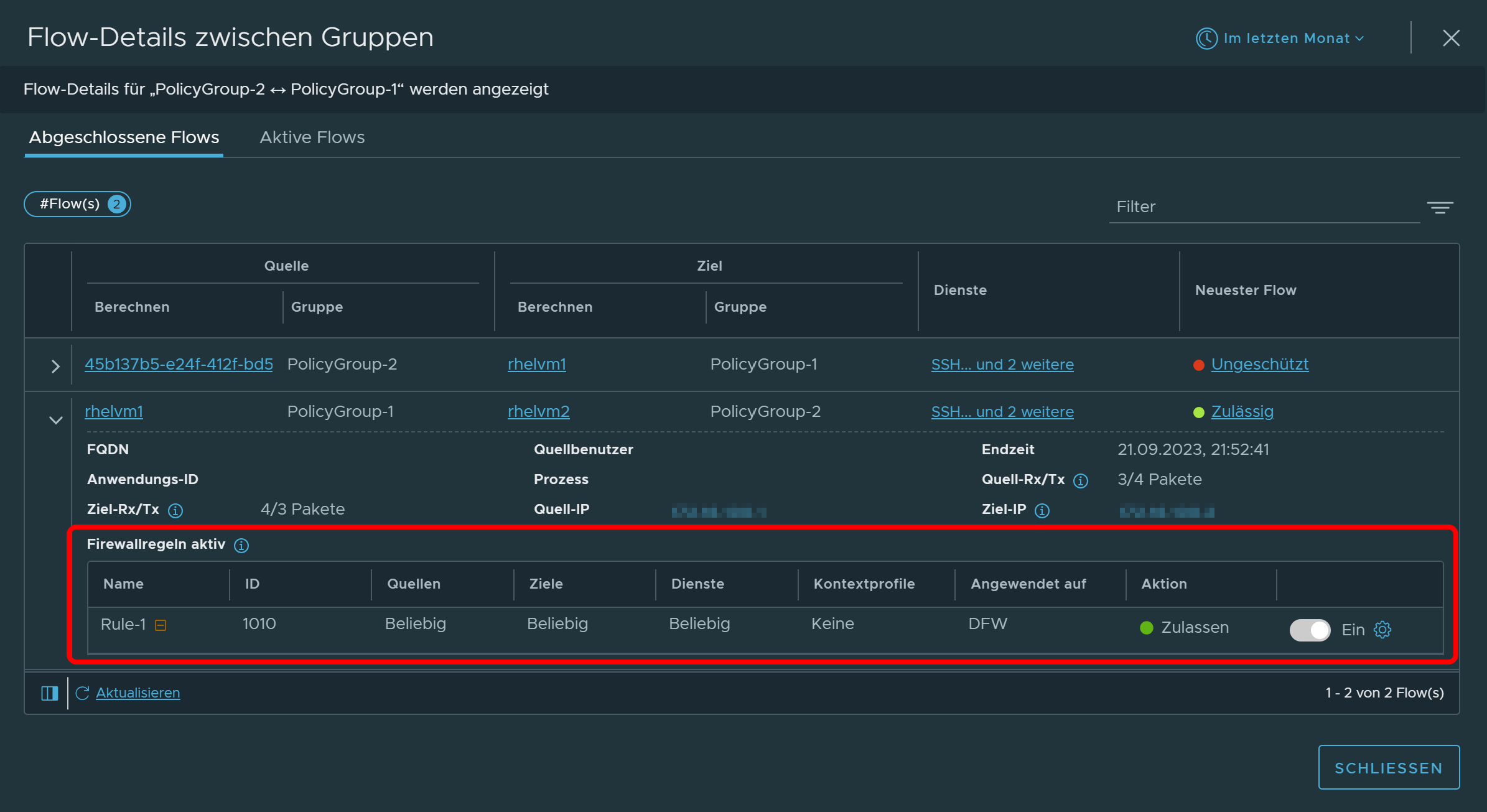 Flow Details between Groups dialog box with flow details expanded and the Firewall Rules in Effect circled.