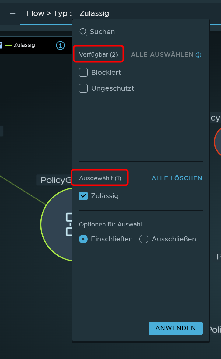 Flow Type filter is selected. The list of flow types available for selection are in the Available section. Allowed flow is in the Selected section.