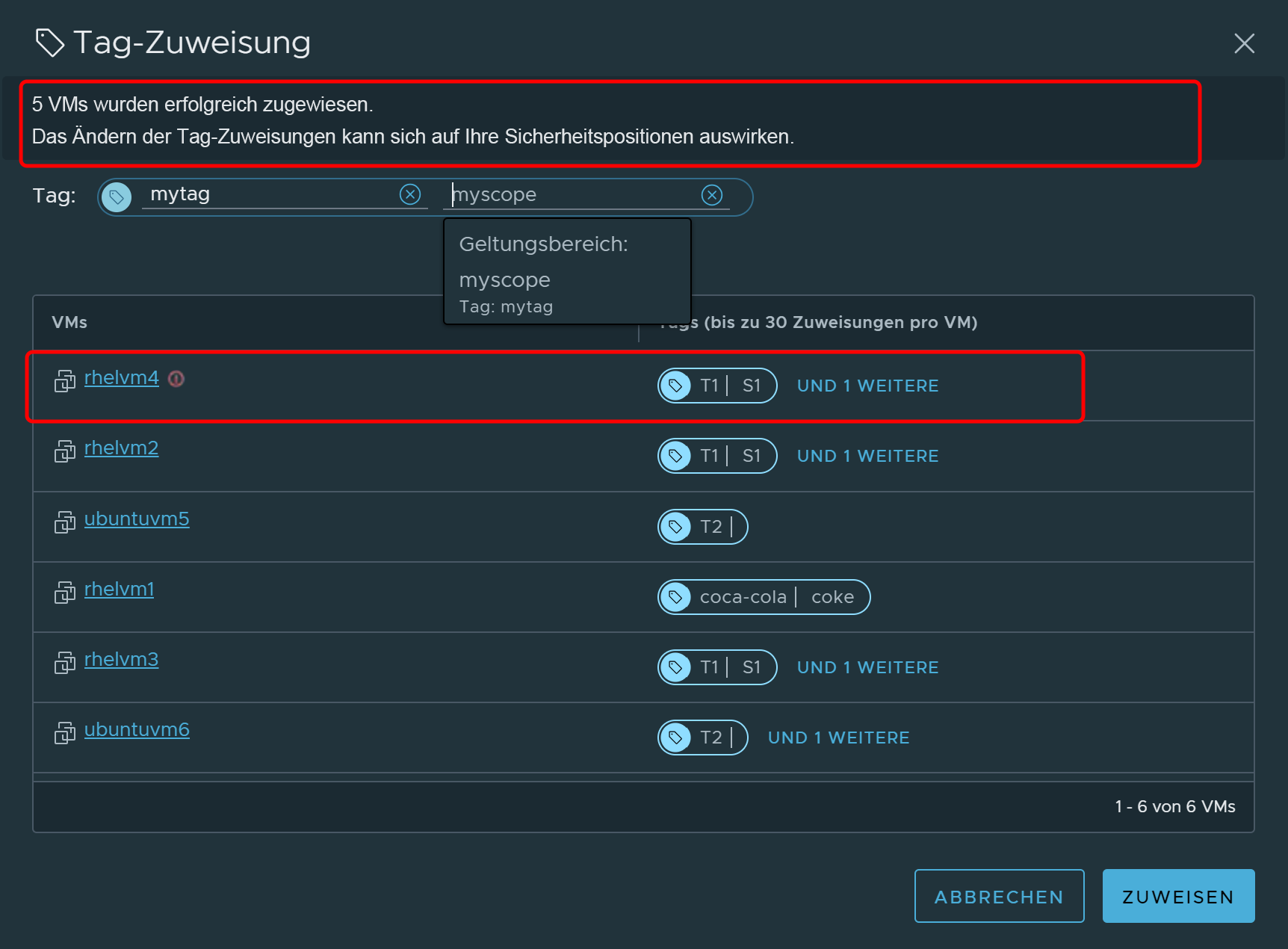 Tag Assignment dialog box when an error occurs during multi-VM tag assignment.