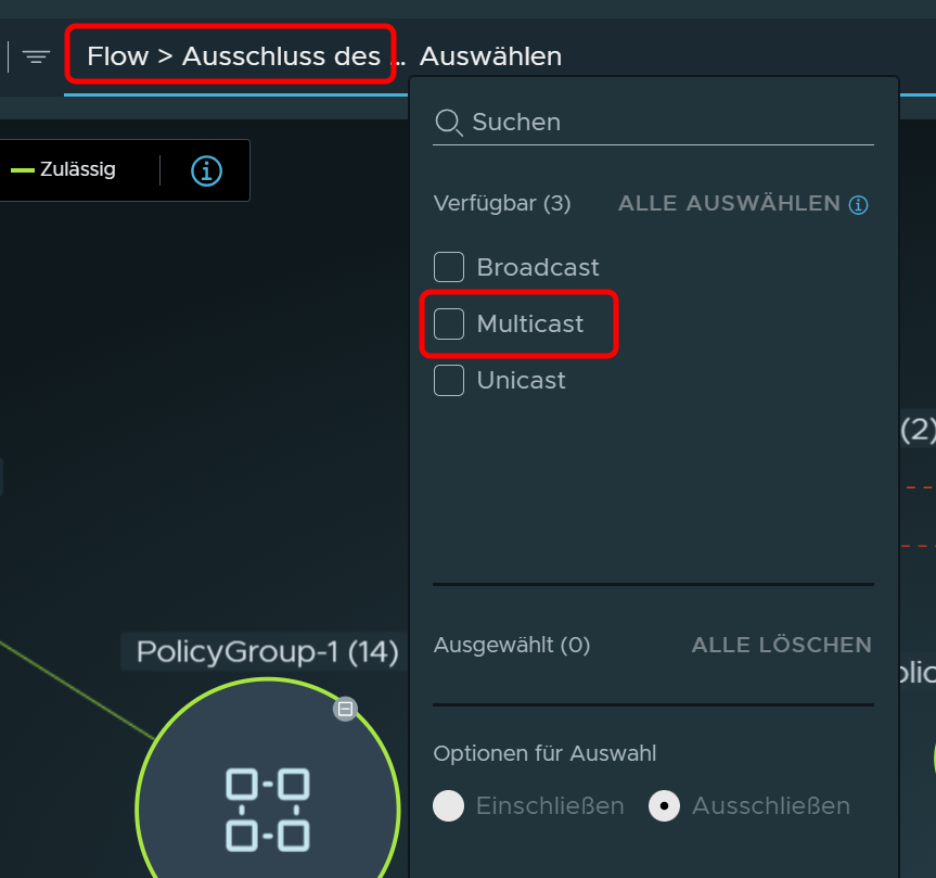 Filter set to Flow > Traffic Exclusion. Multicast is an available traffic for selection for exclusion from being displayed.