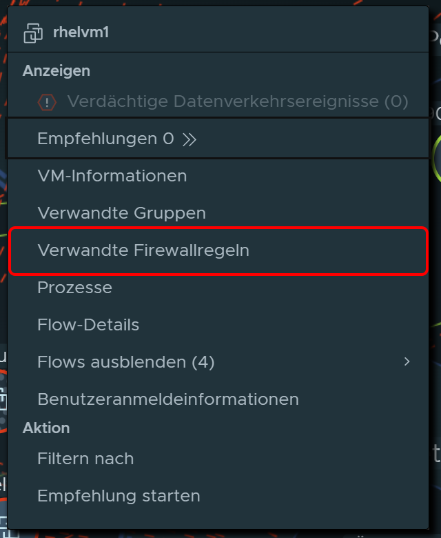 Contextual menu for selected VM, while in a deep dive view of a group. Related Firewall Rules is highlighted in the menu