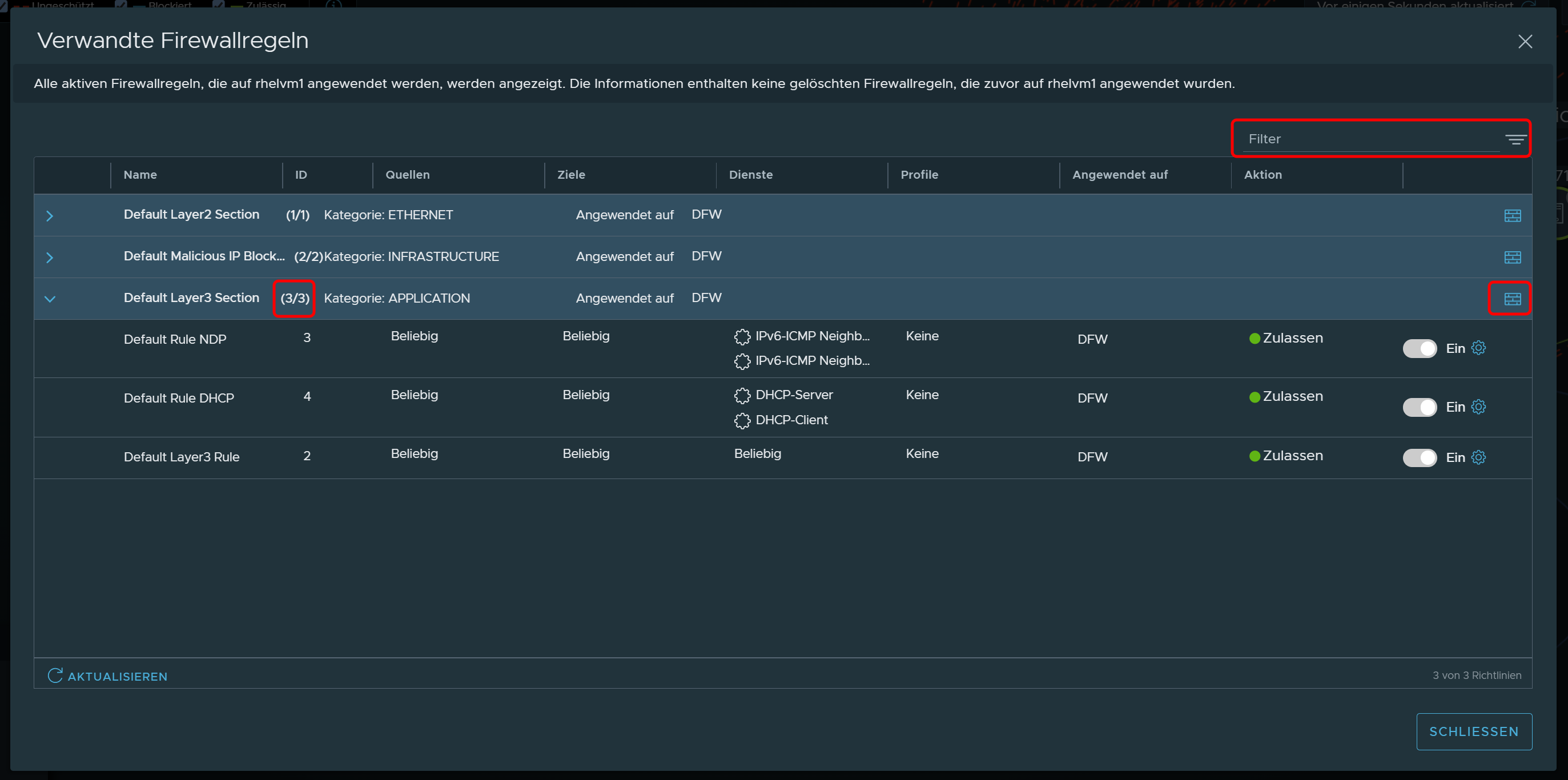 Related firewall Rules dialog box for the ubuntuvm6 VM. The SecurityPolicy-1 row is expanded to display 1 of 2 rules that belong to the policy.