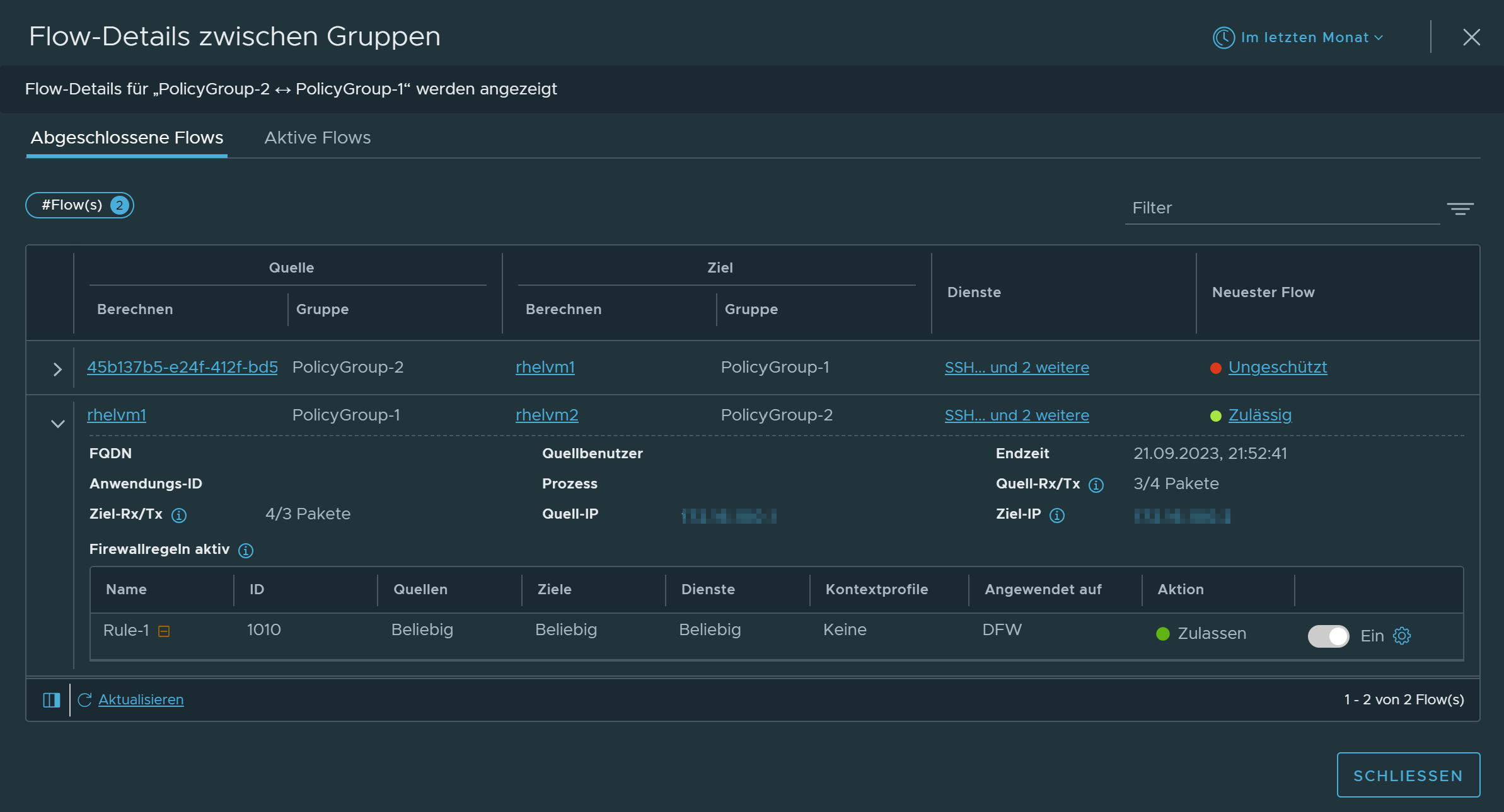 Flow Details Between Groups dialog box for two groups