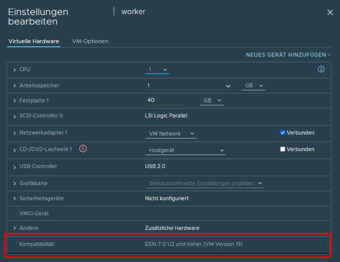 VM-Hardwarebereich mit hervorgehobenen Kompatibilitätsinformationen.