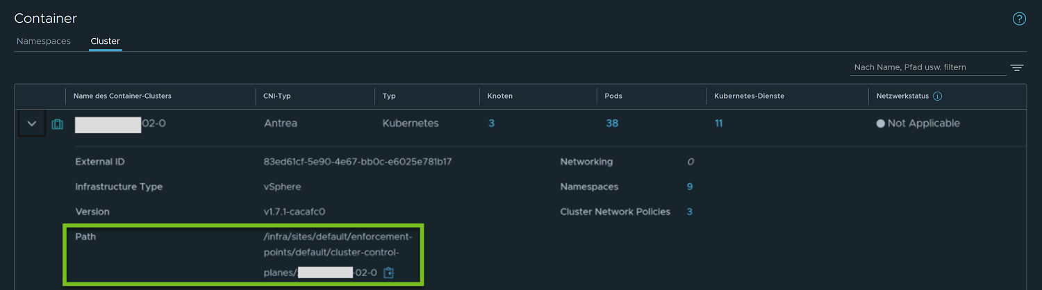 Hebt den Pfad eines Container-Clusters auf der NSX Manager-Benutzeroberfläche hervor.