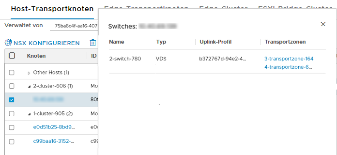 Bei Auswahl des Transportknotens werden die Details des VDS-Switches zusammen mit dem zugehörigen Uplink-Profil und den Transportzonen angezeigt.