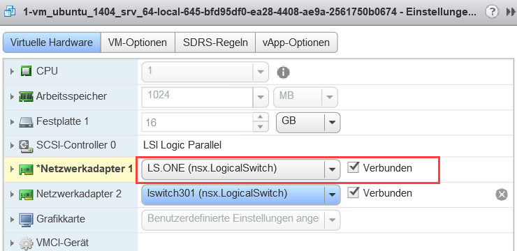 Screenshot des vSphere Client mit VM-Einstellungen