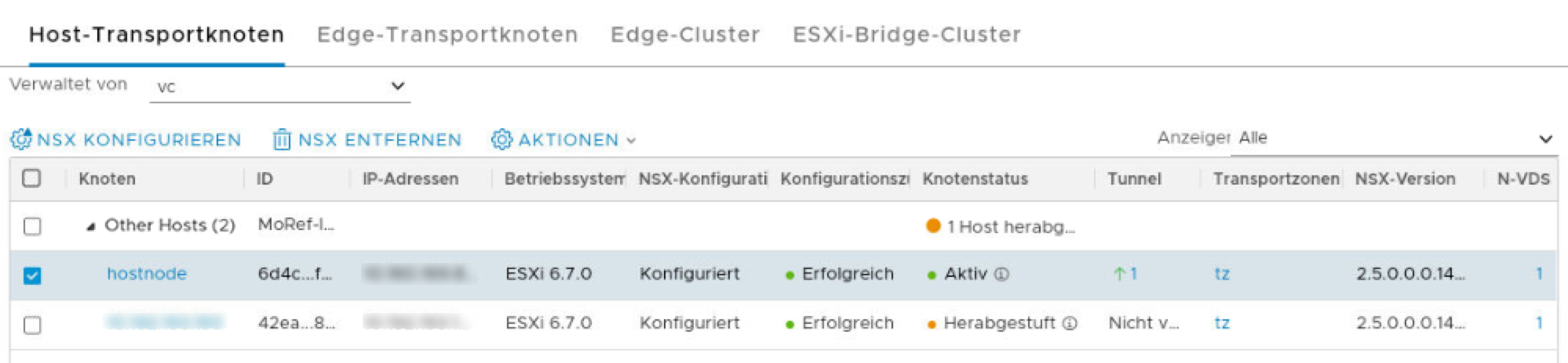 Zeigen Sie auf der Seite „Host-Transportknoten“ die Referenzhosts an, die als Transportknoten vorbereitet wurden.