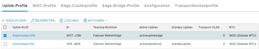 Fügen Sie auf der Registerkarte „Uplink-Profile“ ein Uplink-Profil hinzu.