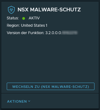 NSX Malware-Schutz-Funktionskarte nach erfolgreicher Aktivierung. Das Bild wird durch den umgebenden Text beschrieben.