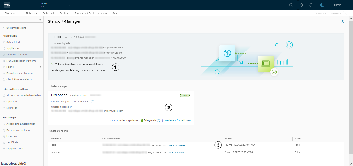 Zeigt das Dashboard „Lokaler Manager“ mit dem globalen Manager und den Clusterdetails an.