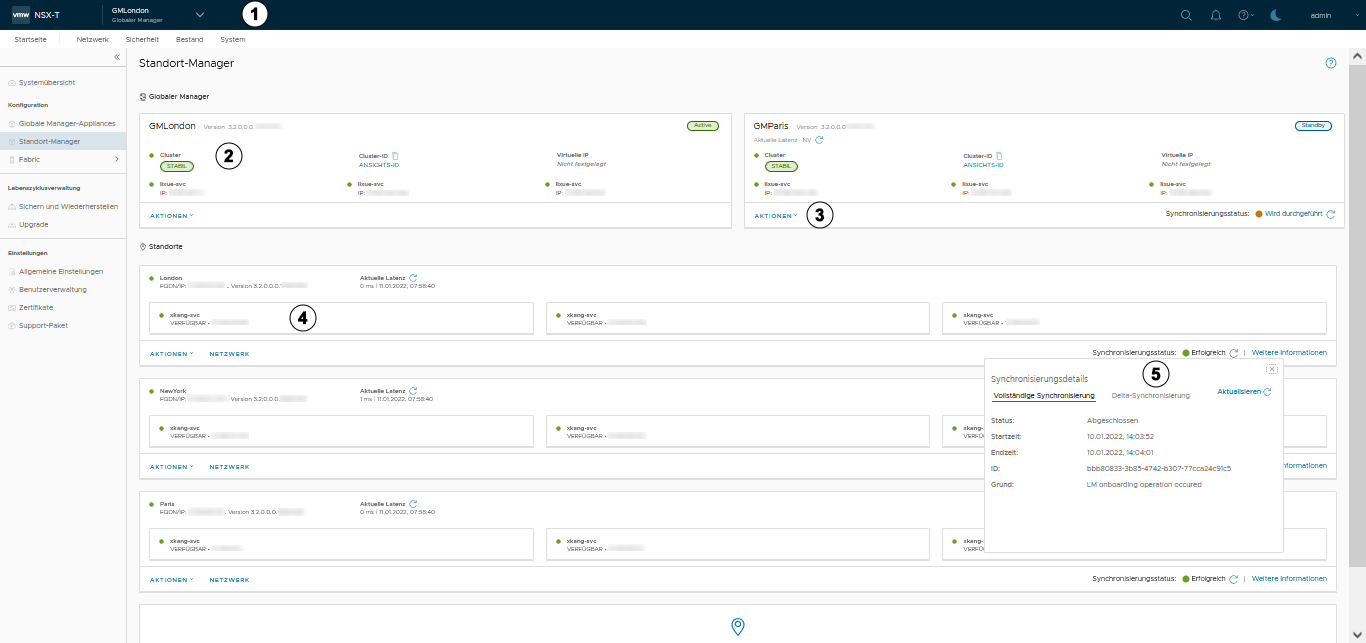 Ansicht „Globaler Manager“ im Standort-Manager mit Details in der folgenden Tabelle.