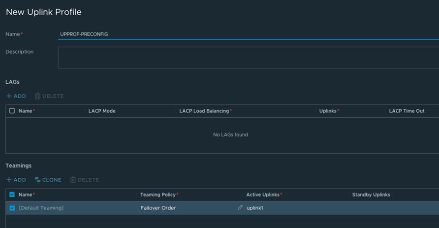 Uplink-Profil mit Teaming-Richtlinie, die auf Failover-Reihenfolge ohne konfigurierte LAG festgelegt ist.