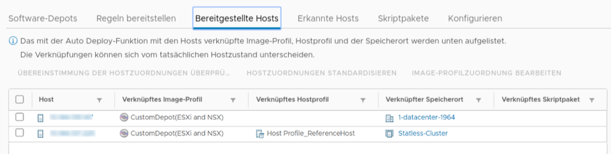 Wählen Sie einen Host für die Standardisierung aus, um die Aktualisierung des Images und des Hostprofils auf den Zielhost zu erzwingen.