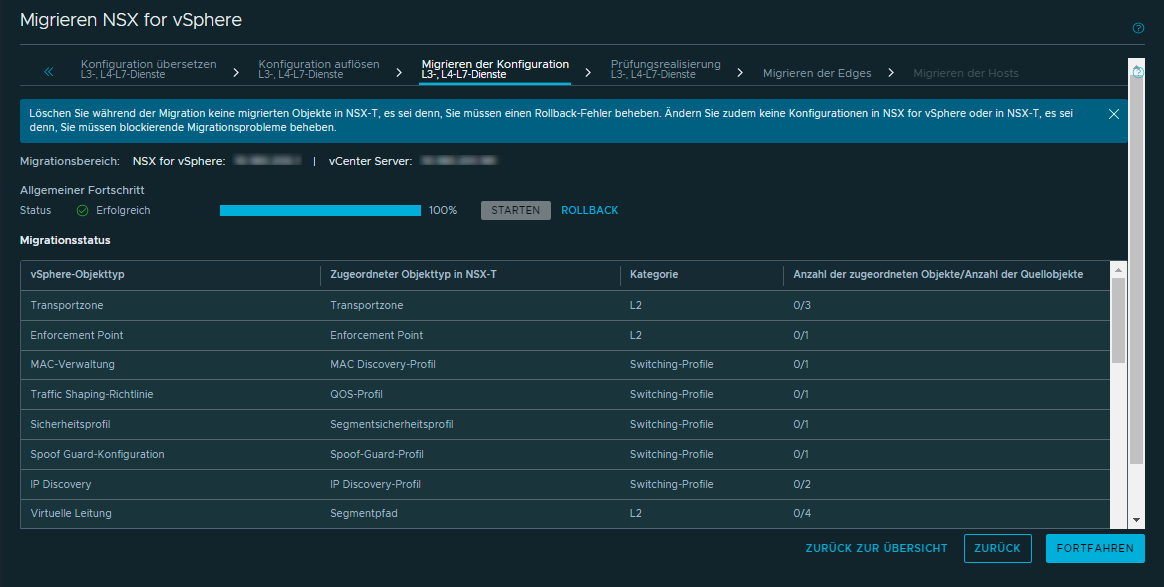 Screenshot der Dienste für die Migration der Konfiguration Layer 3 und höher