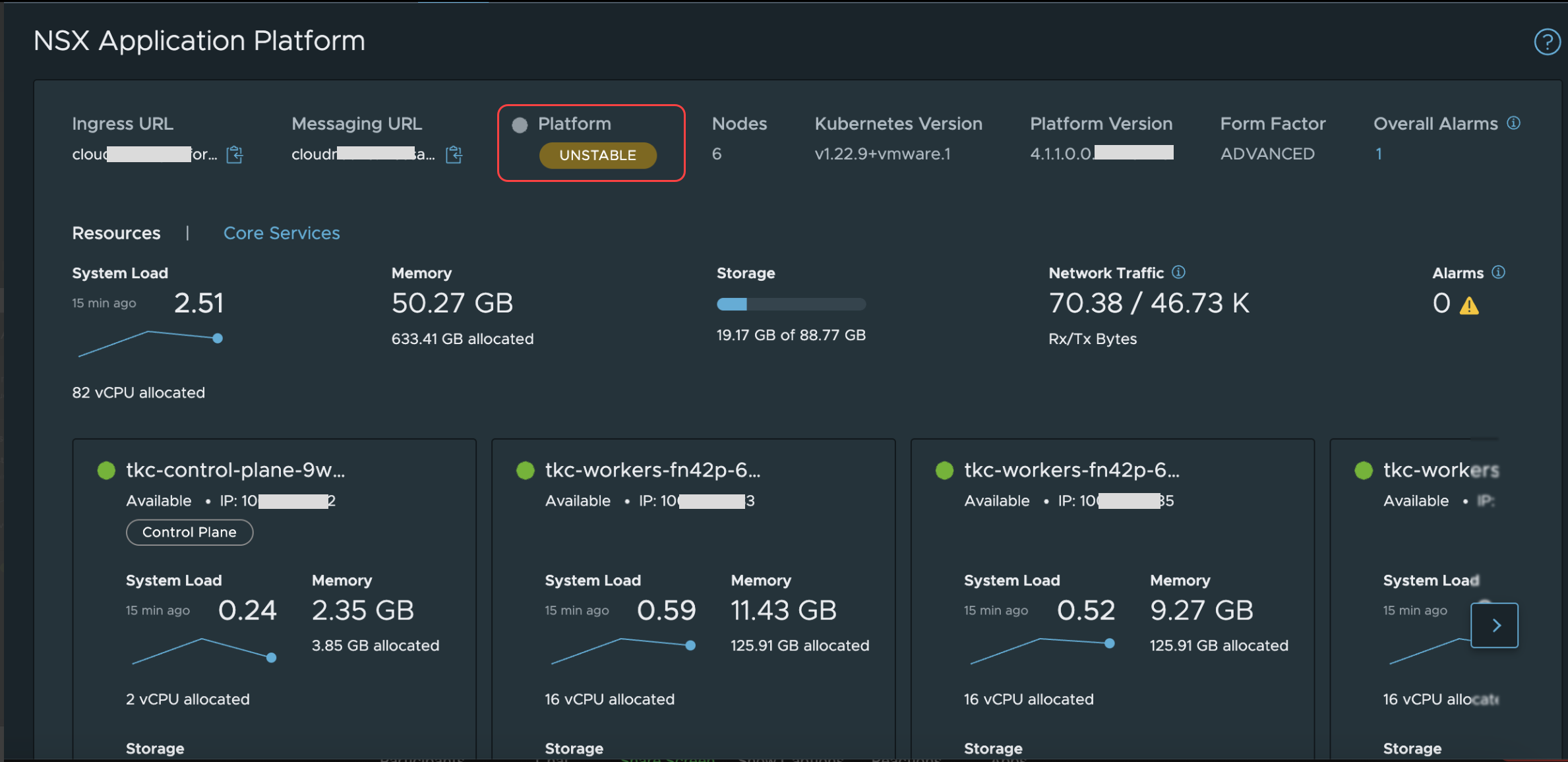 Abbildung der Seite „System > NSX Application Platform“ mit dem rot dargestellten Plattformstatus