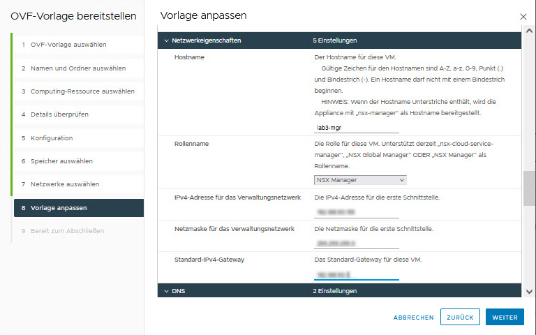 Assistent zur NSX-OVA-Bereitstellung: Einstellungen überprüfen