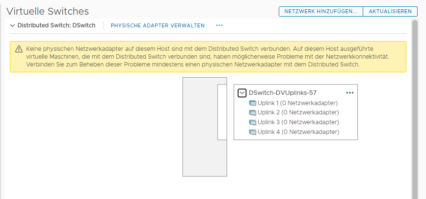 Für den NSX-Switch wurden keine vmnic oder vmks konfiguriert.