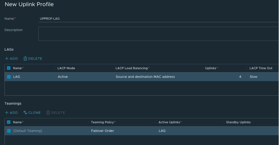 Uplink-Profil mit Teamingrichtlinie, die auf Failover-Reihenfolge festgelegt ist, wobei LAG für Quell- und Ziel-MAC-Adresse konfiguriert ist.