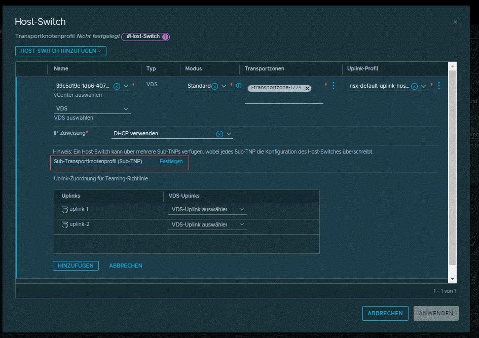 Konfigurieren Sie Host-Switches für ein Transportknotenprofil.