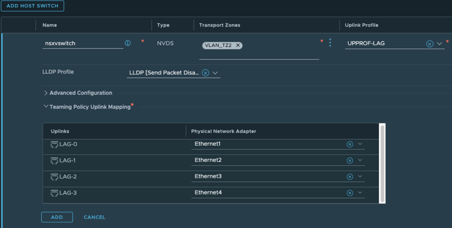 Hinzufügen von Uplinks mit einer Teamingrichtlinie, die in NSX mit LACP konfiguriert ist.