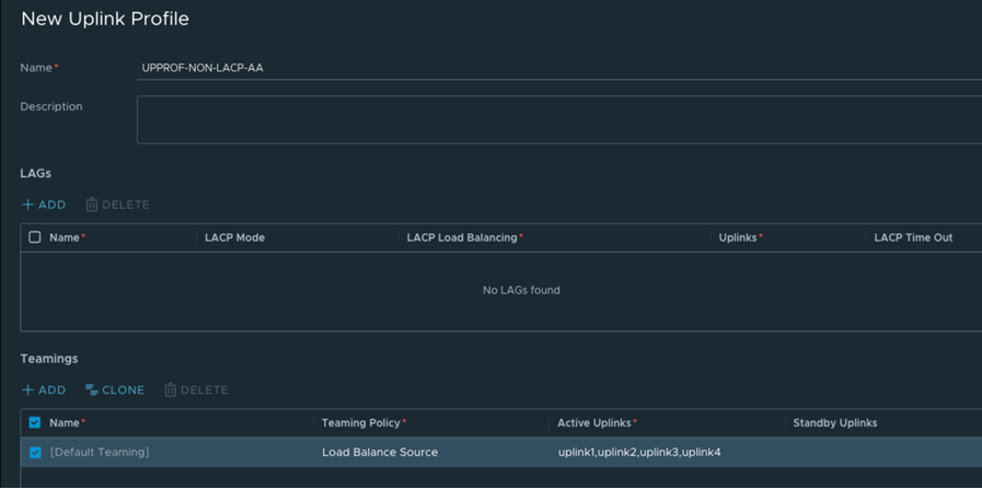 Uplink-Profil mit auf Load Balance-Quelle ohne konfigurierte LAG festgelegter Teamingrichtlinie.