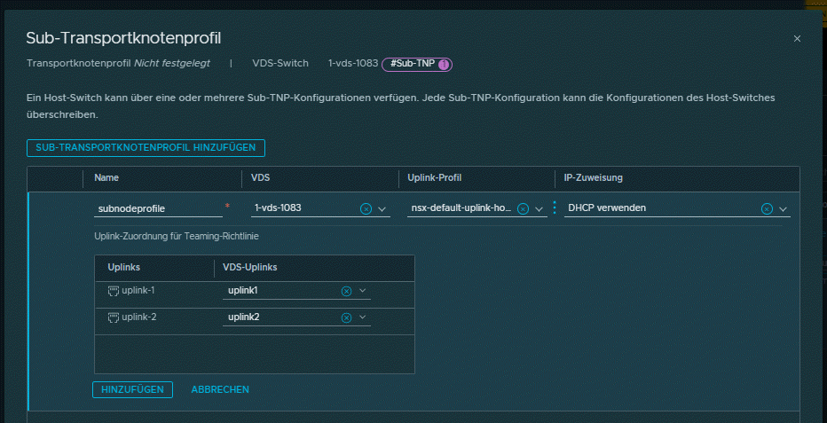 Fügen Sie ein Sub-Transportknotenprofil hinzu, das auf einen Untercluster angewendet wird.