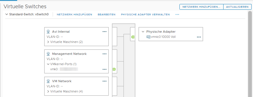 Sowohl vmk0 als auch vmk1 sind mit vSwitch verbunden und vmnic0 und vmnic1 sind als Uplink 1 und Uplink 2 auf vSwitch konfiguriert.