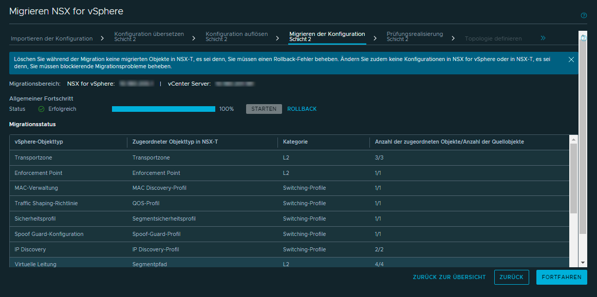 Screenshot des Bildschirms der Migration der Konfiguration Layer 2