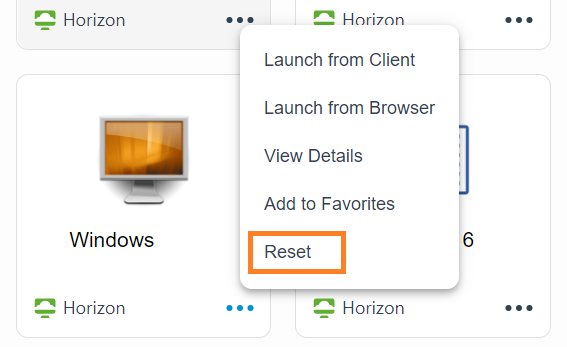 Das Bild zeigt einen Horizon-Desktop im Benutzerportal mit dem Popup-Menü, das den Befehl „Zurücksetzen“ enthält.
