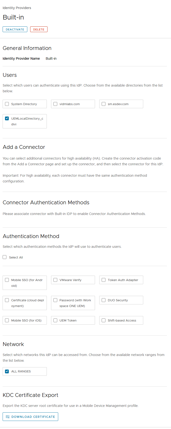 Seite „Integrierter Identitätsanbieter“ in der Workspace ONE Access-Konsole