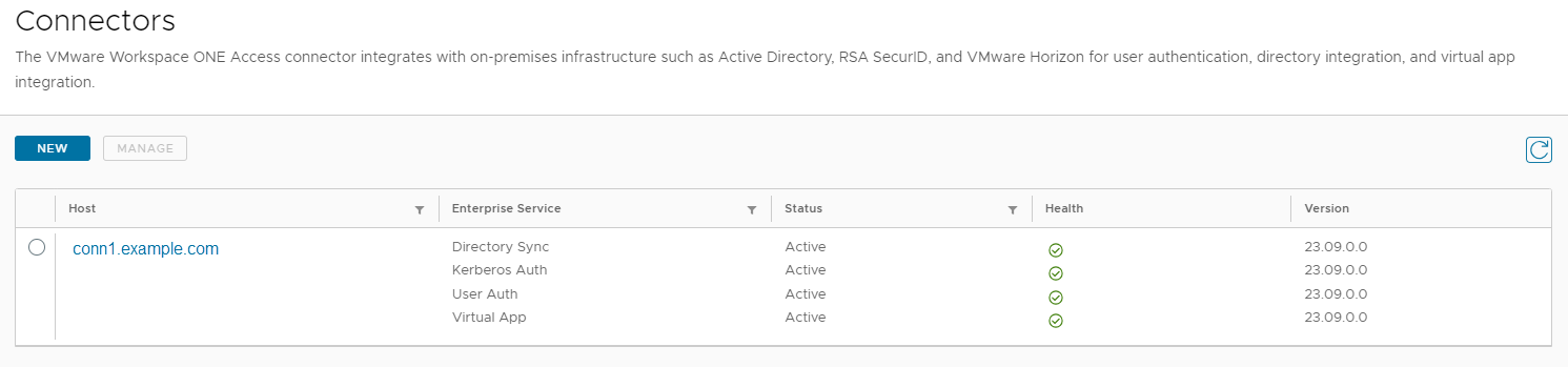 Auf der Seite werden der Connector und alle installierten Dienste aufgelistet. Der Status ist auf „Aktiv“, der Systemzustand auf „Grün“ und die Version auf 22.05 festgelegt.