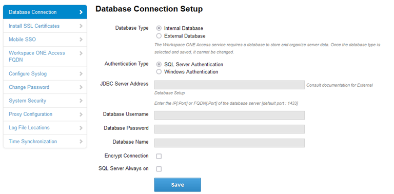 Seite „Einrichtung der Datenbankverbindung“ in Workspace ONE Access