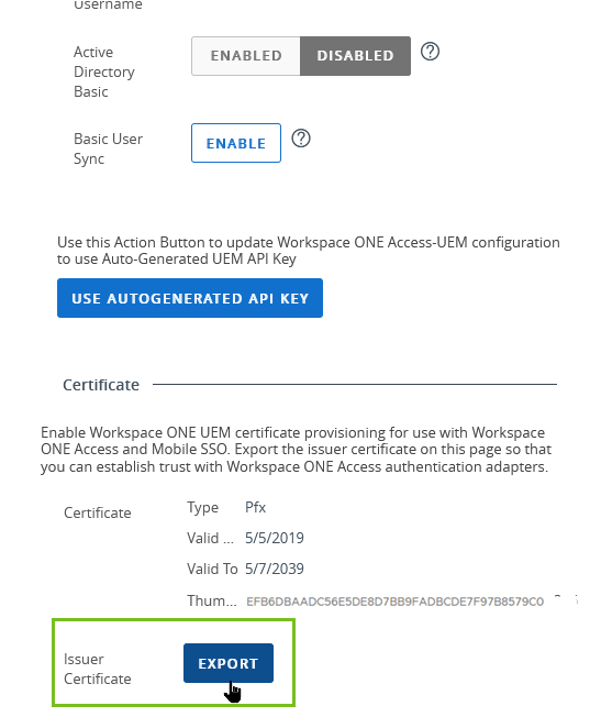 Workspace ONE Access-Konfigurationsseite in der Workspace ONE UEM Console – Beispiel für den Zertifikatexport