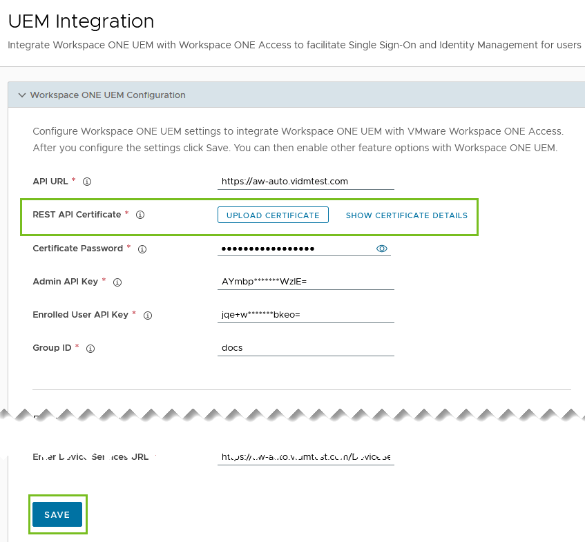 Ansicht „Zertifikat hochladen“ auf der Seite „UEM-Integration“ der Workspace ONE Access-Konsole