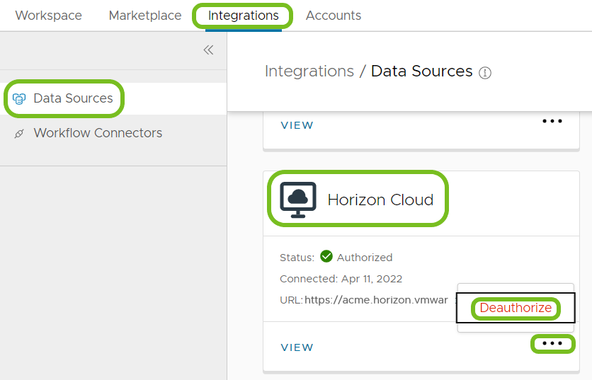 Um Horizon Next-Gen von Intelligence zu trennen, suchen Sie die Datenquellenkarte von Horizon Cloud und legen Sie fest, dass die Integration deaktiviert werden soll.