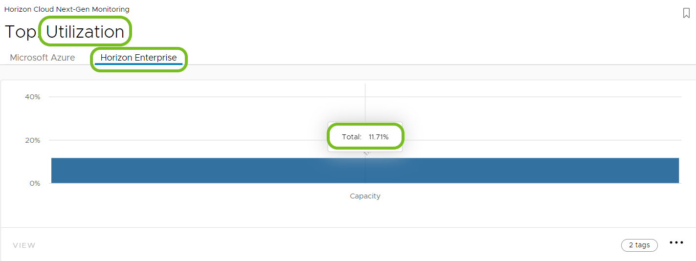 Wenn Sie das Dashboard für die Auslastung anzeigen, können Sie die Registerkarte der gewünschten Ressource auswählen, z. B. Horizon Enterprise, um deren Kapazität anzuzeigen.